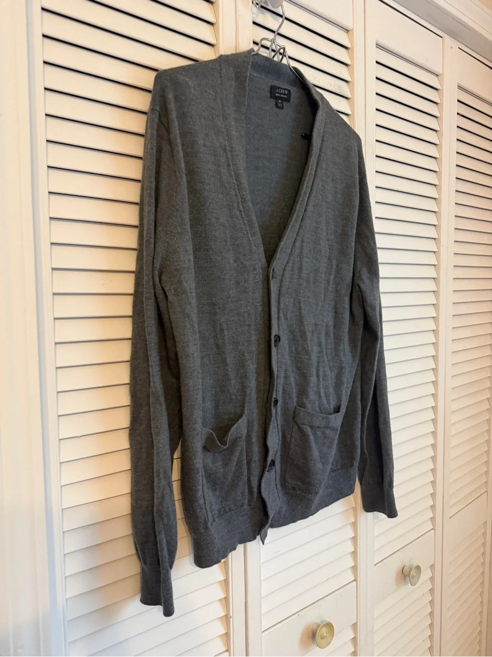 J Crew Mens Merino Wool Button Down Gray V Neck Cardigan Medium Academia Preppy